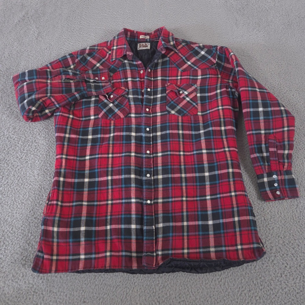 Ely Cattleman‎ Shirt Mens Large Tall Red Plaid Quilted Western Pearl Snap Jacket